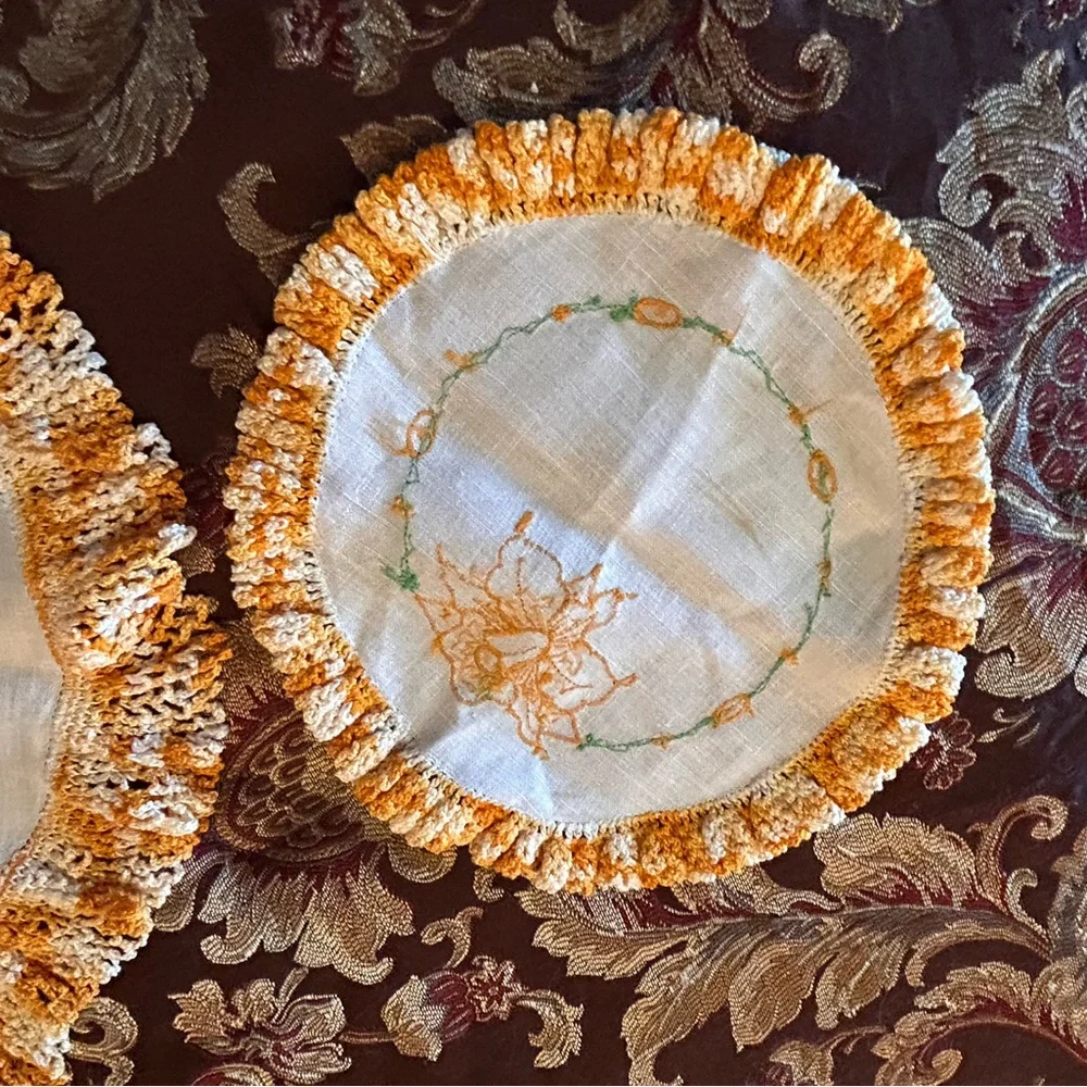 Vintage‎ Orange & White Crochet Circle Doilies 2PC Set